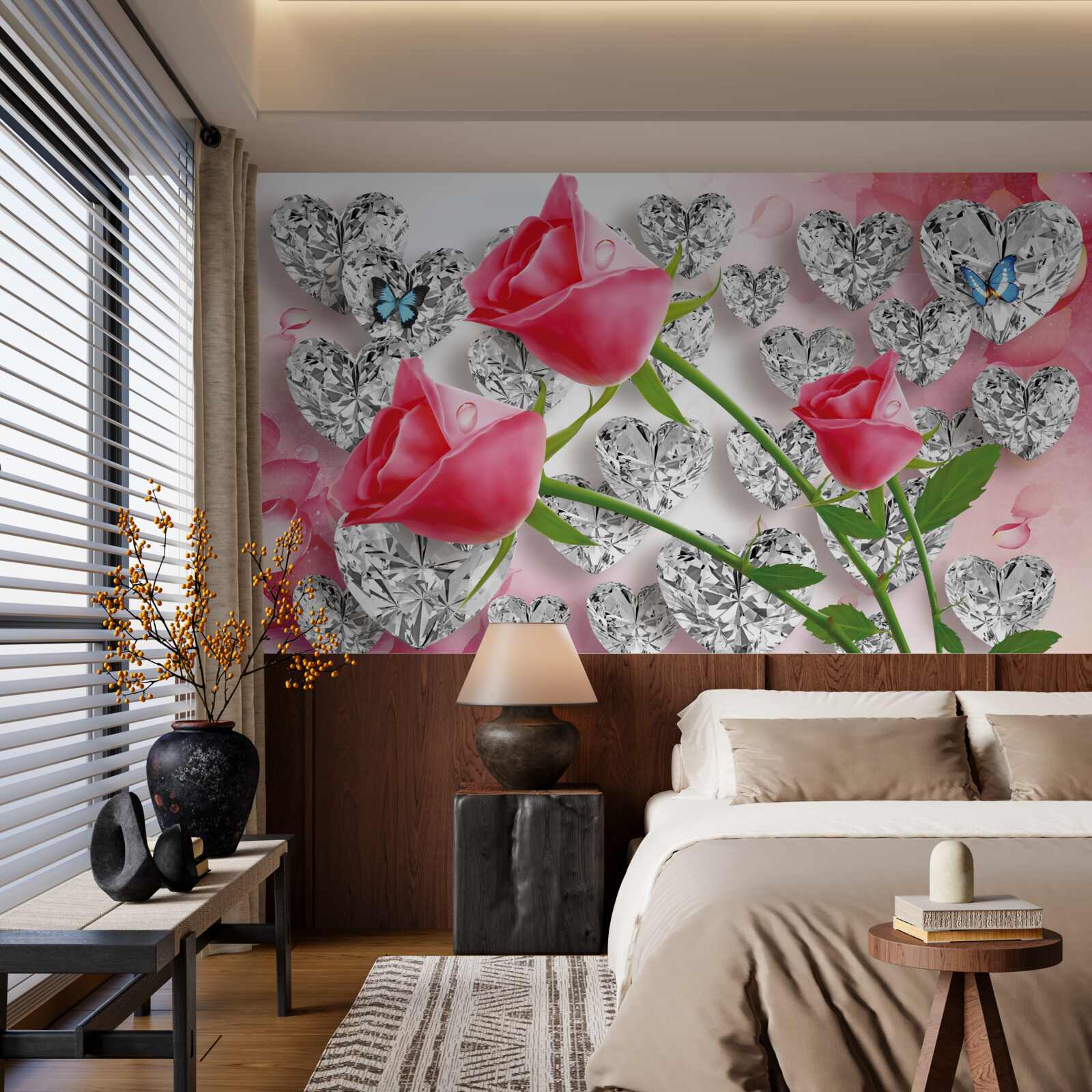 Фотошпалери діаманти та червоні троянди