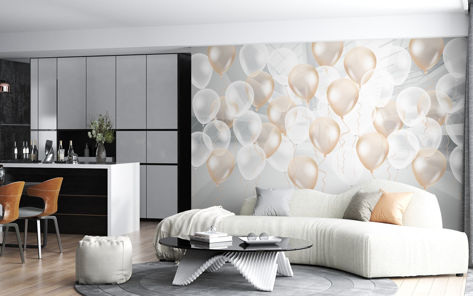 Фотошпалери білі та золоті повітряні кульки