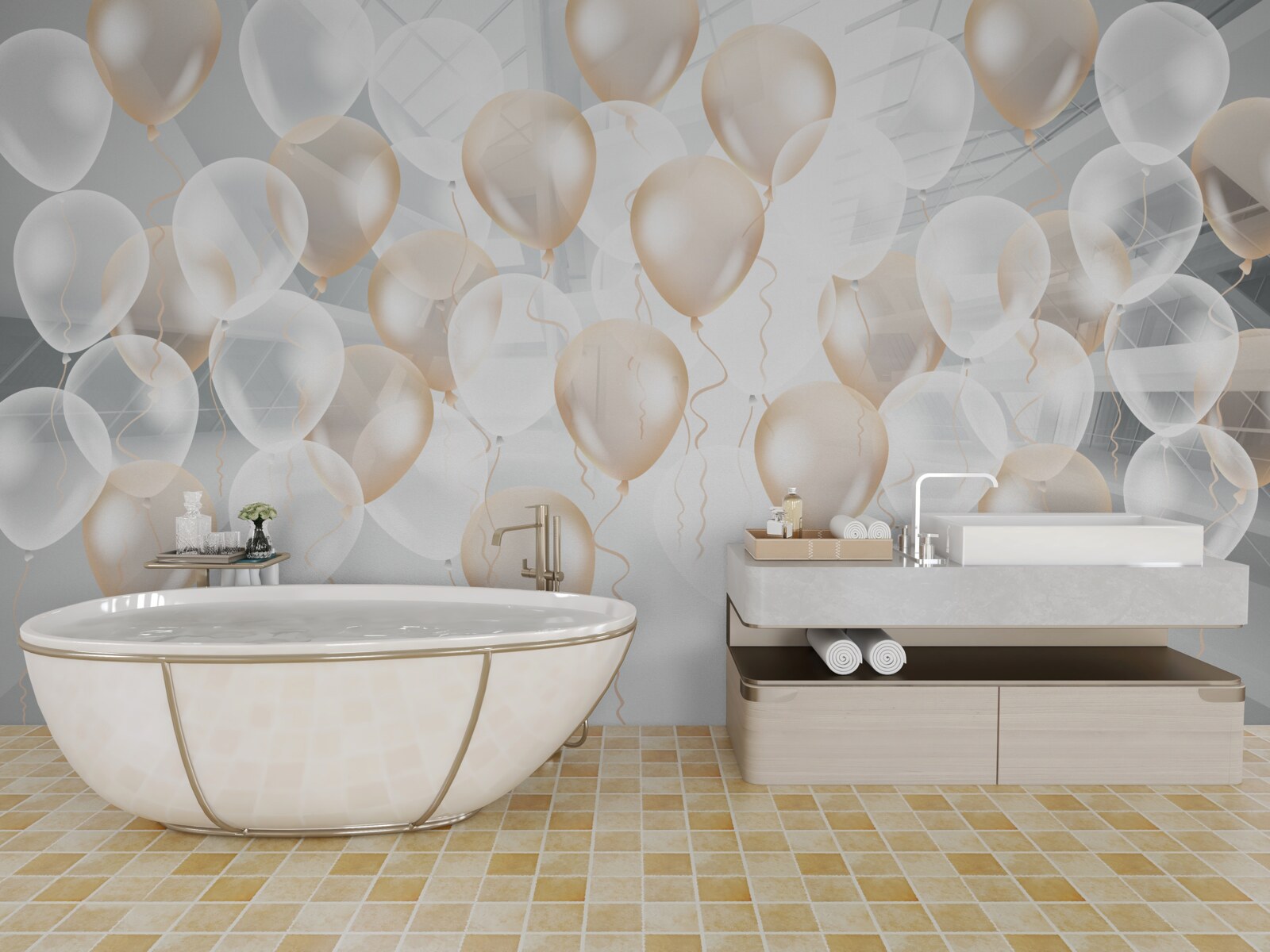 Фотошпалери білі та золоті повітряні кульки