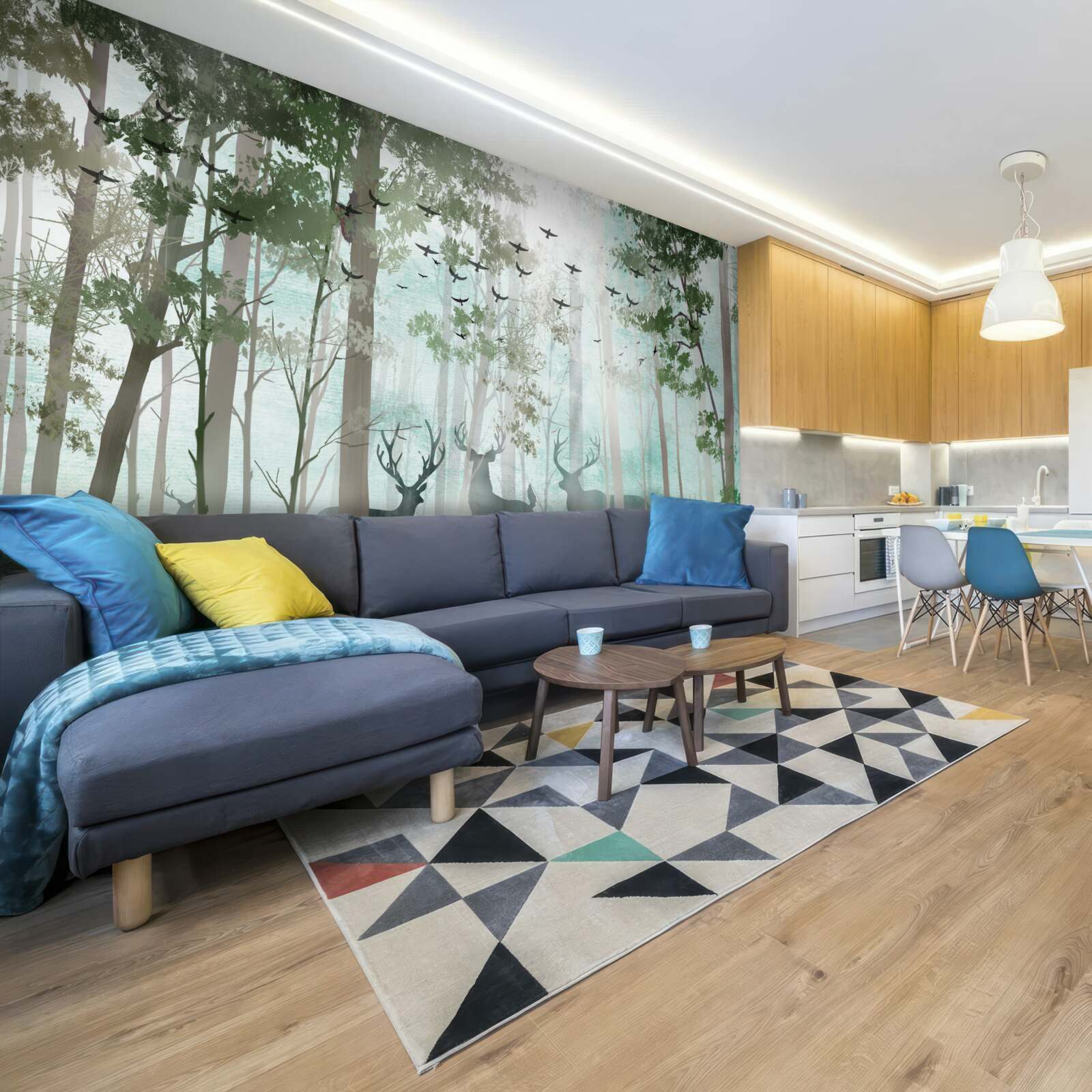 Фотошпалери група оленів зустрічає ранок у туманному лісі