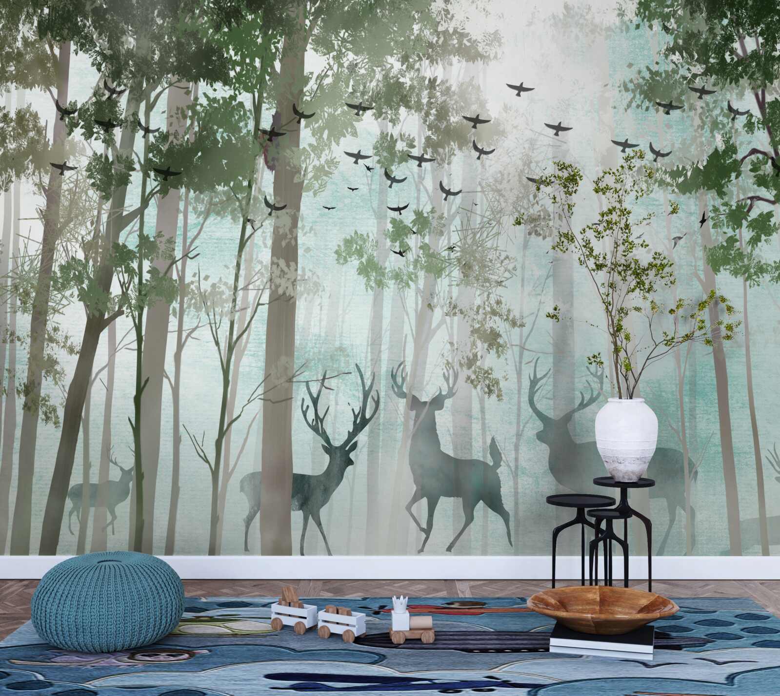 Фотошпалери група оленів зустрічає ранок у туманному лісі