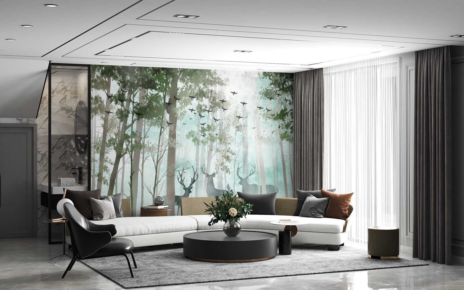 Фотошпалери група оленів зустрічає ранок у туманному лісі