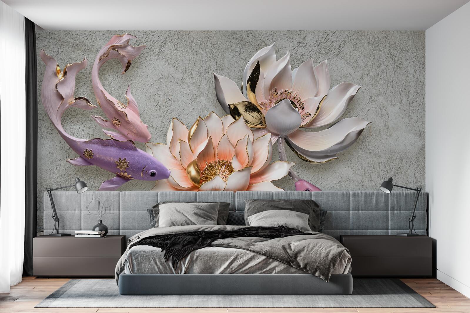 Фотошпалери квіти біля озера, в якому плавають лебеді