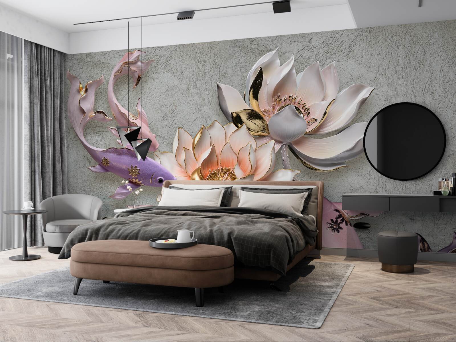 Фотошпалери квіти біля озера, в якому плавають лебеді