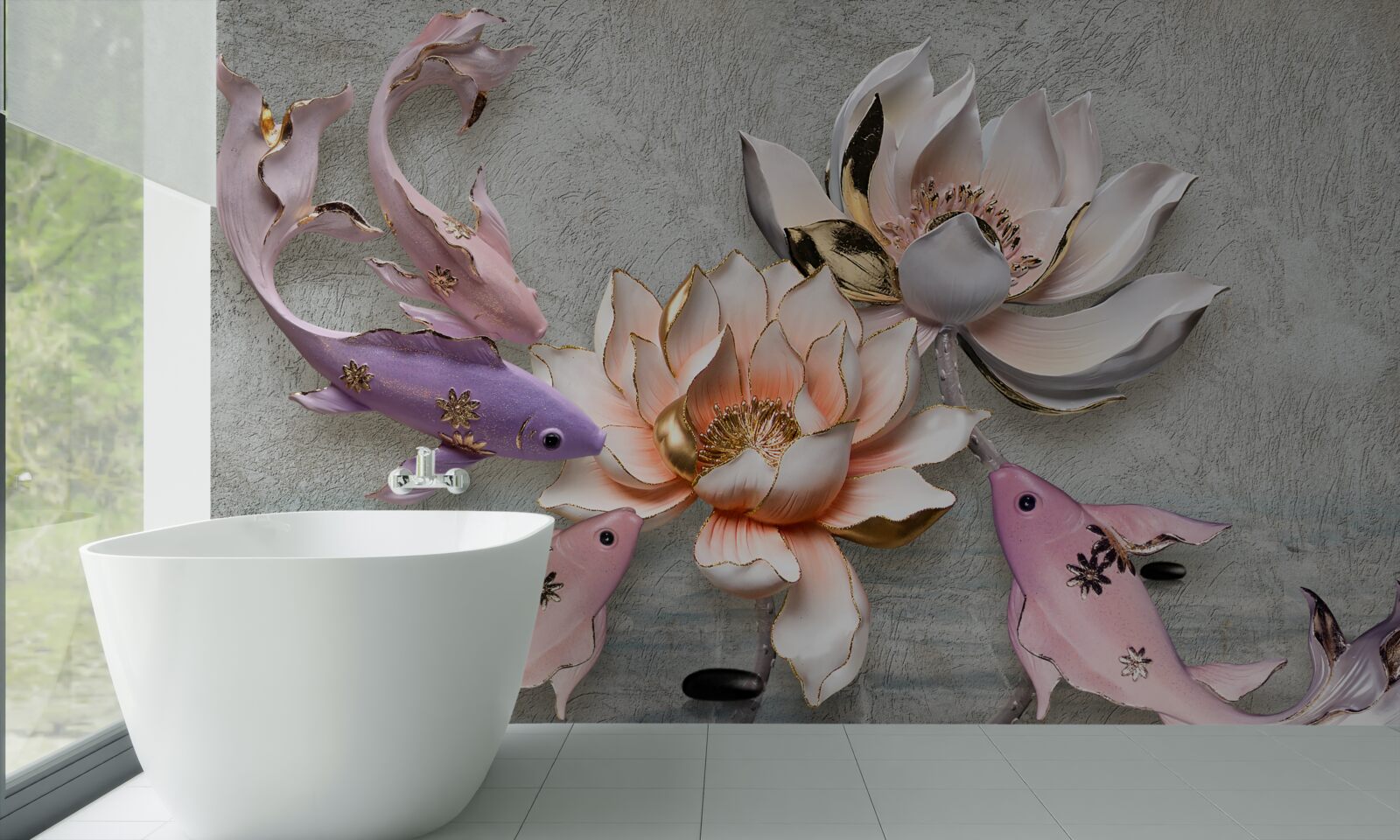 Фотошпалери квіти біля озера, в якому плавають лебеді