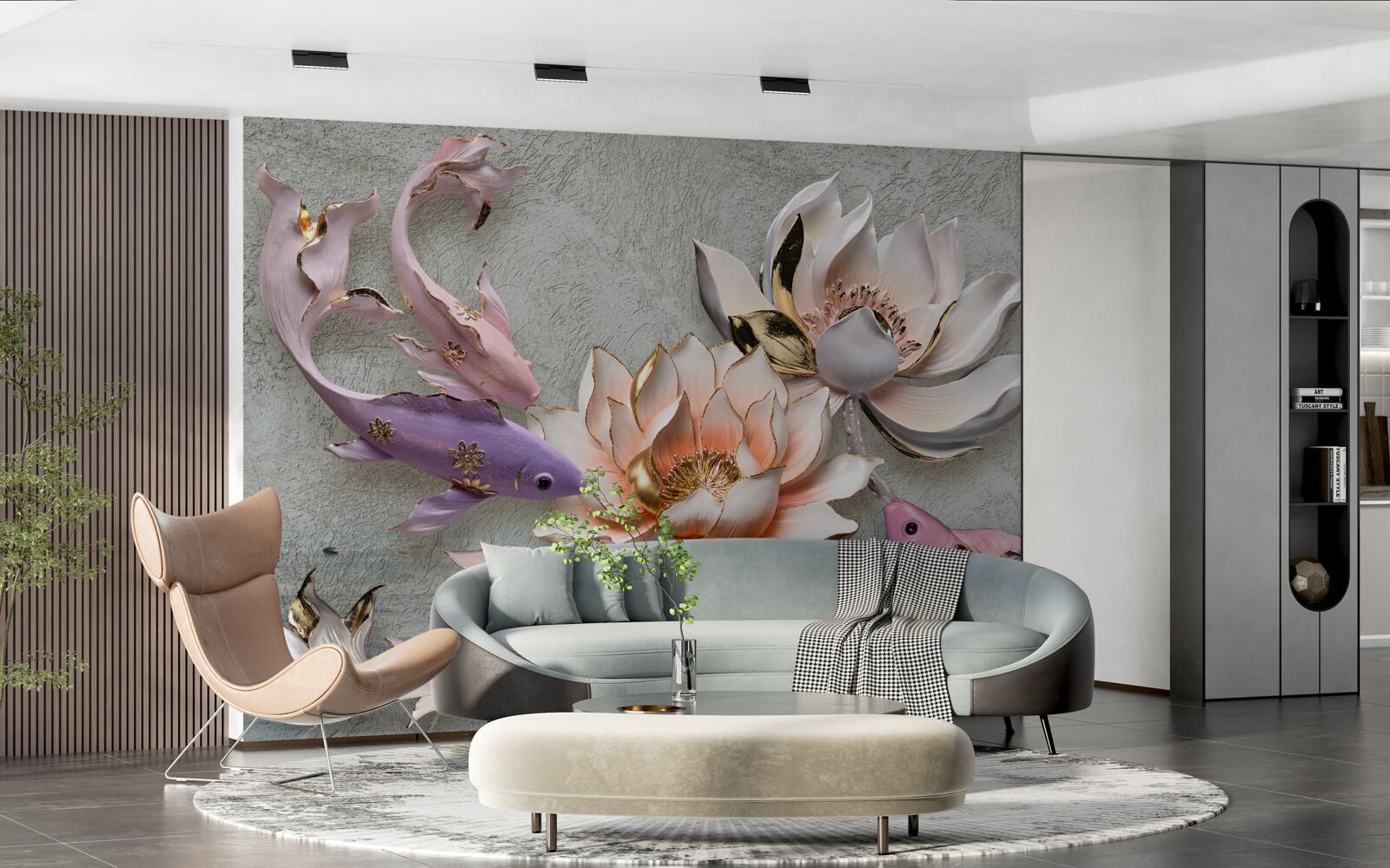 Фотошпалери квіти біля озера, в якому плавають лебеді