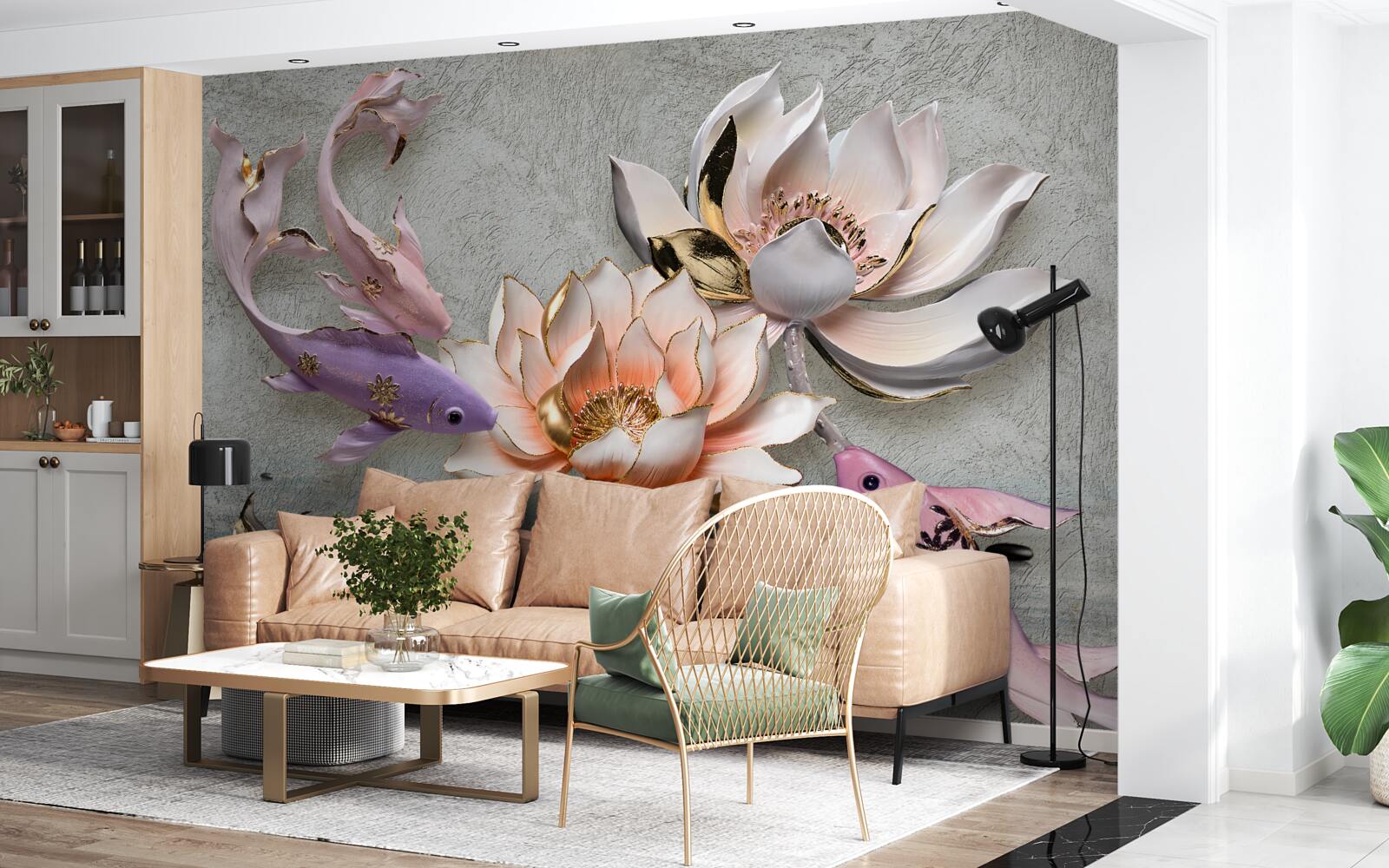 Фотошпалери квіти біля озера, в якому плавають лебеді