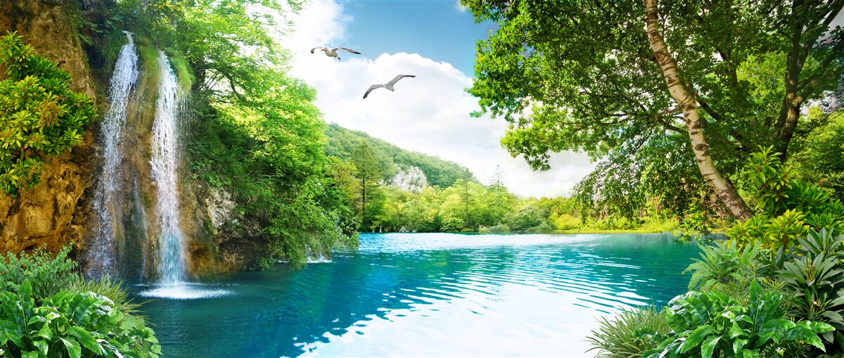 Фотошпалери казкова природна краса оточує водоспад та озеро