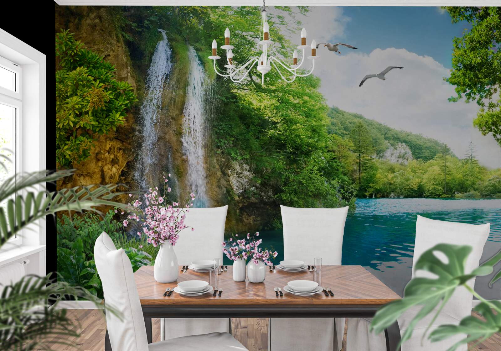 Фотошпалери казкова природна краса оточує водоспад та озеро