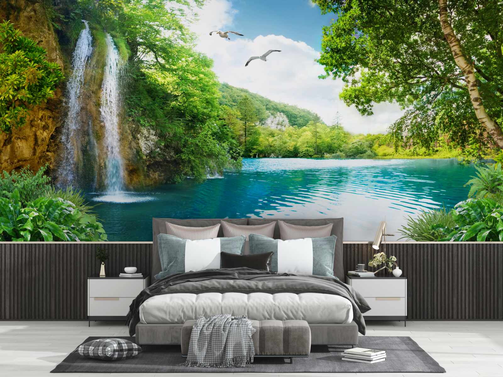 Фотошпалери казкова природна краса оточує водоспад та озеро