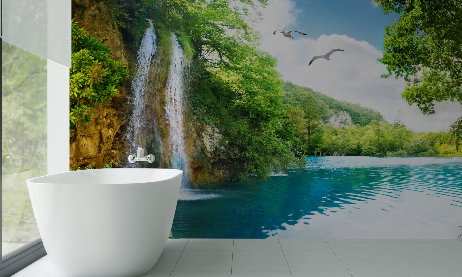 Фотошпалери казкова природна краса оточує водоспад та озеро