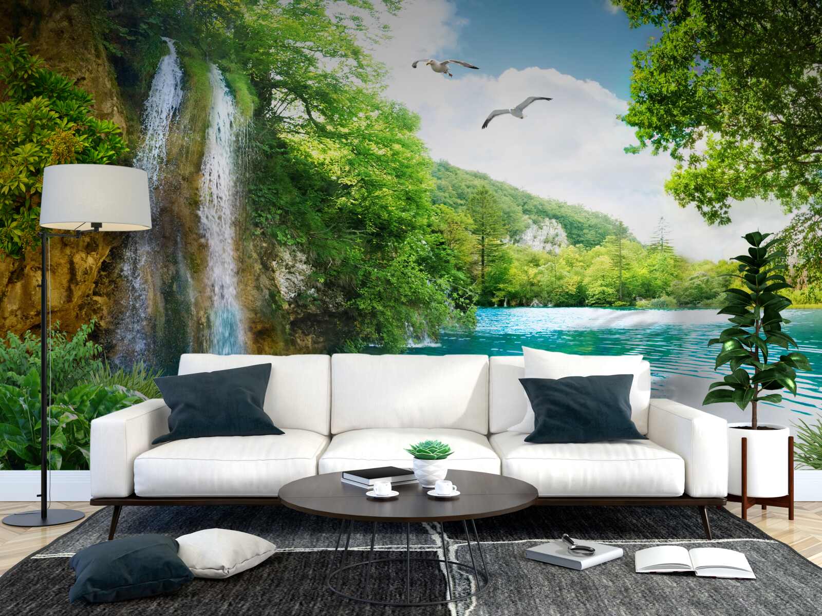 Фотошпалери казкова природна краса оточує водоспад та озеро