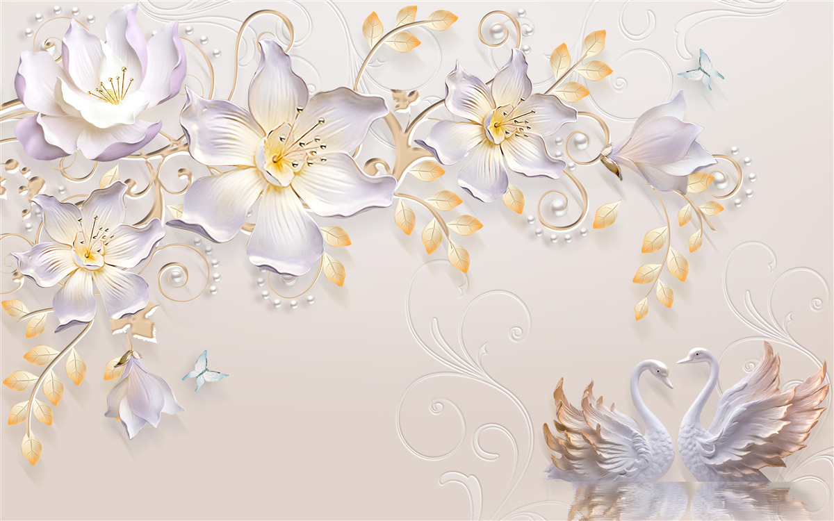 Фотошпалери Білосніжні лебеді та світлі бутони
