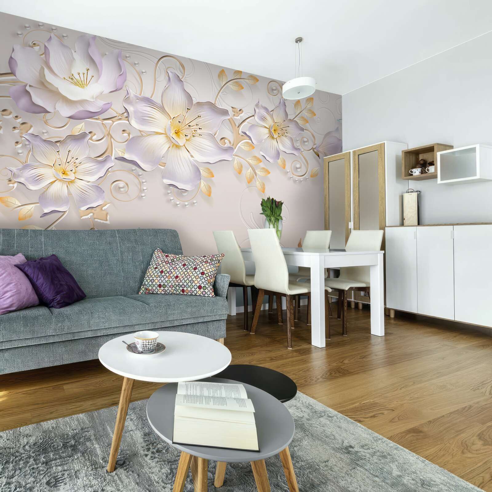 Фотошпалери Білосніжні лебеді та світлі бутони