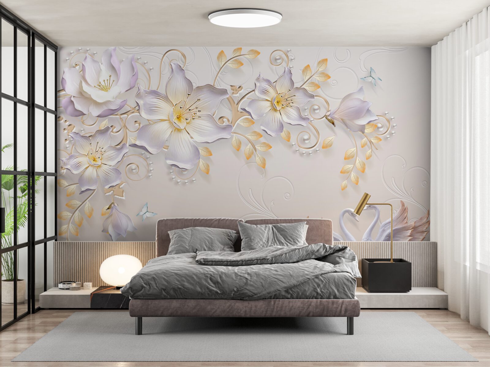 Фотошпалери Білосніжні лебеді та світлі бутони