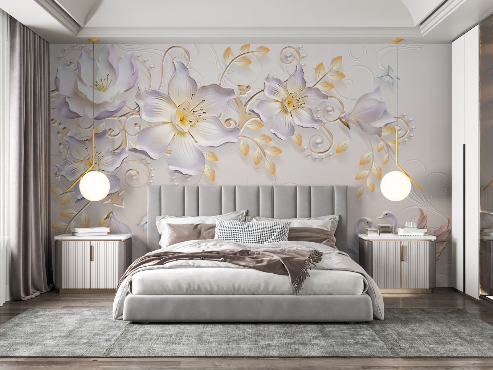 Фотошпалери Білосніжні лебеді та світлі бутони