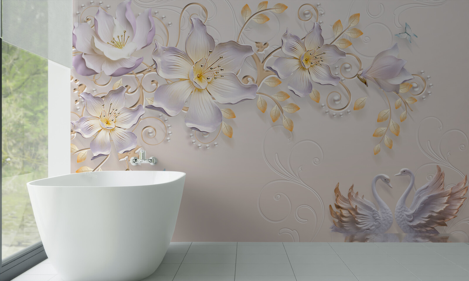 Фотошпалери Білосніжні лебеді та світлі бутони