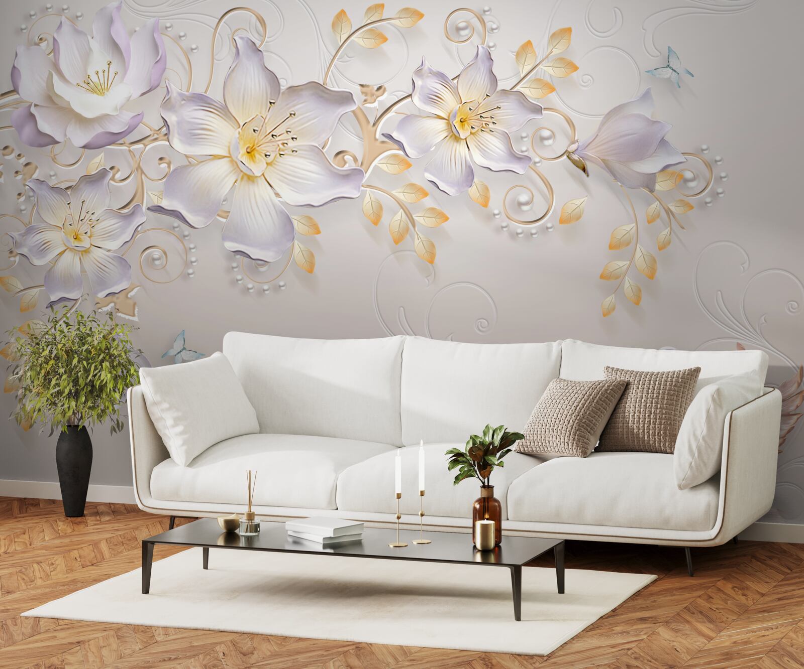 Фотошпалери Білосніжні лебеді та світлі бутони