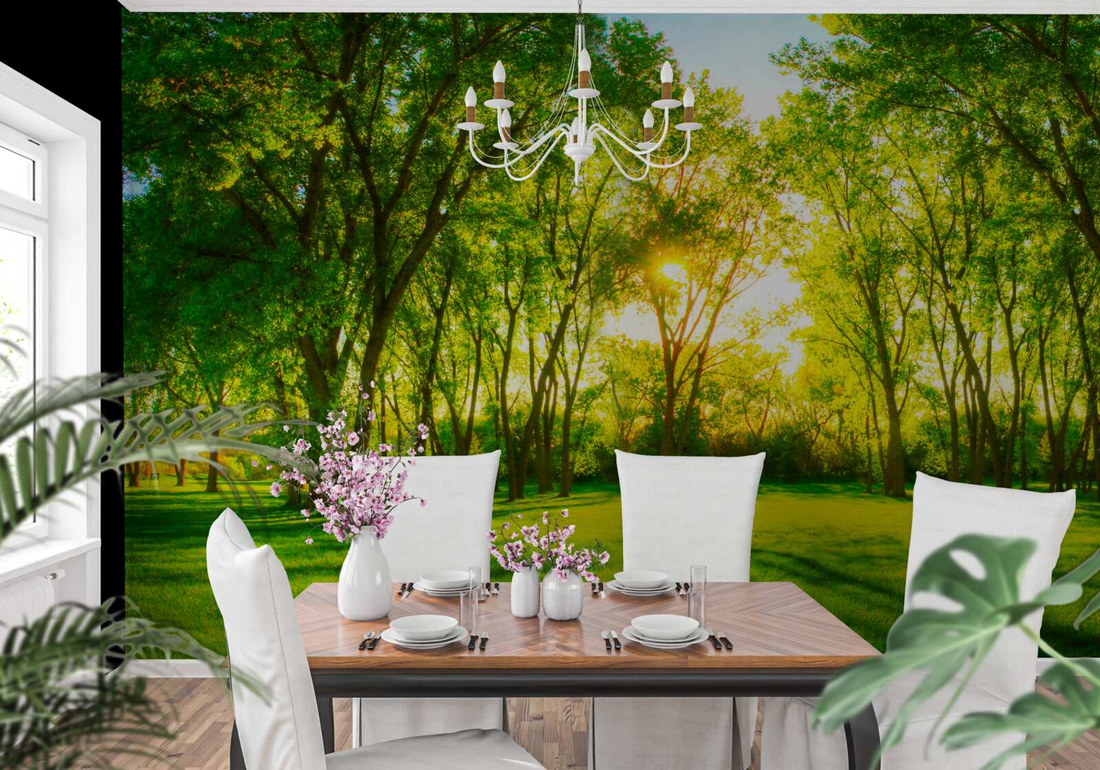 Фотошпалери у яскравій палітрі зеленого ранкового лісу