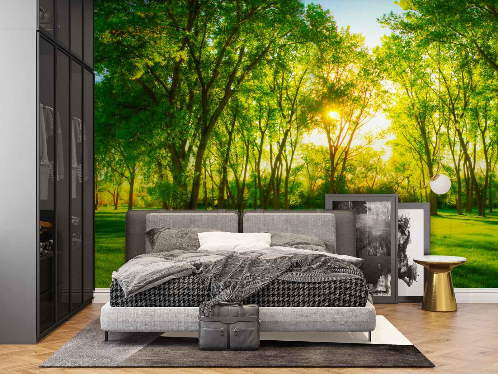 Фотошпалери у яскравій палітрі зеленого ранкового лісу