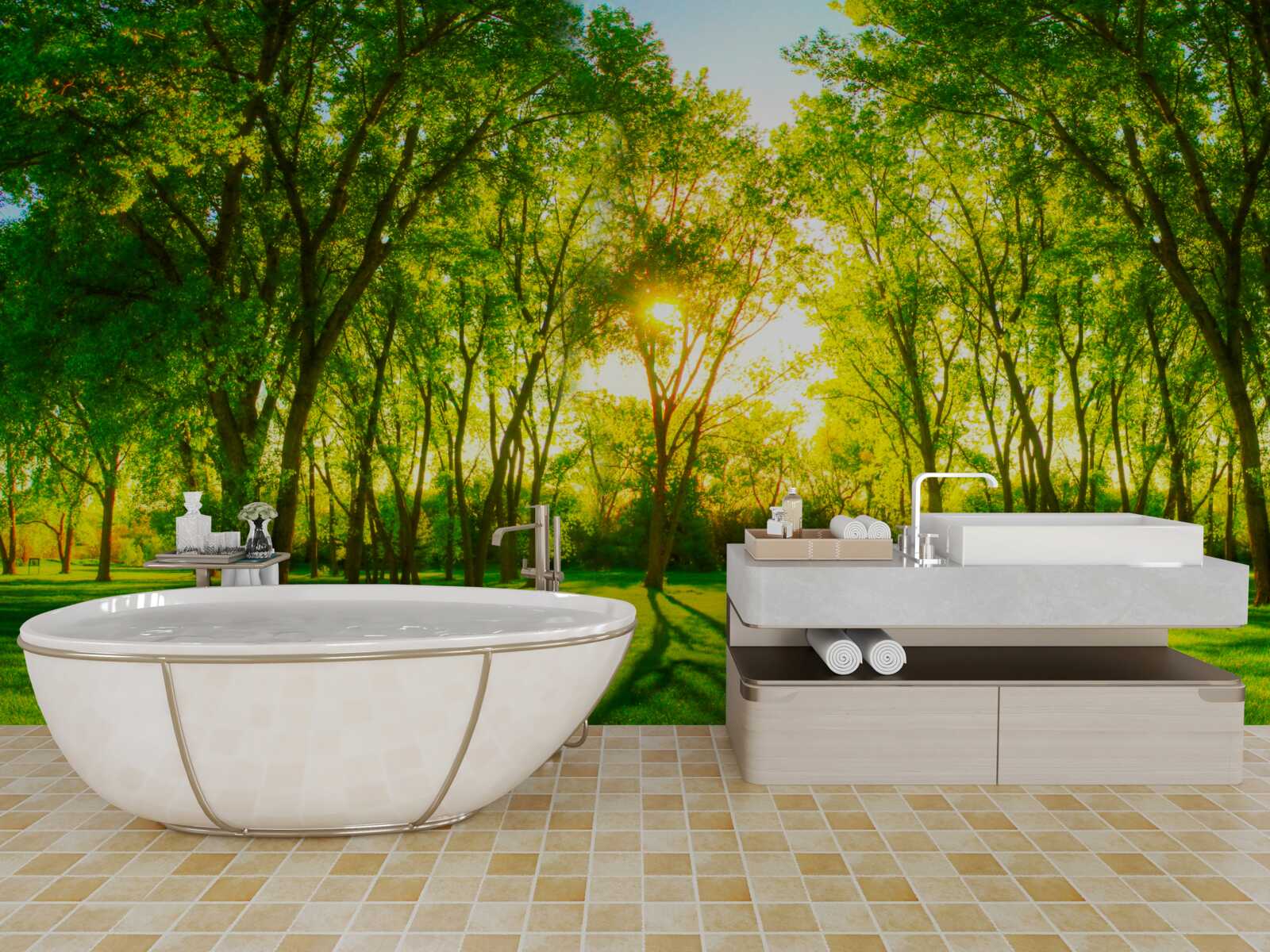 Фотошпалери у яскравій палітрі зеленого ранкового лісу