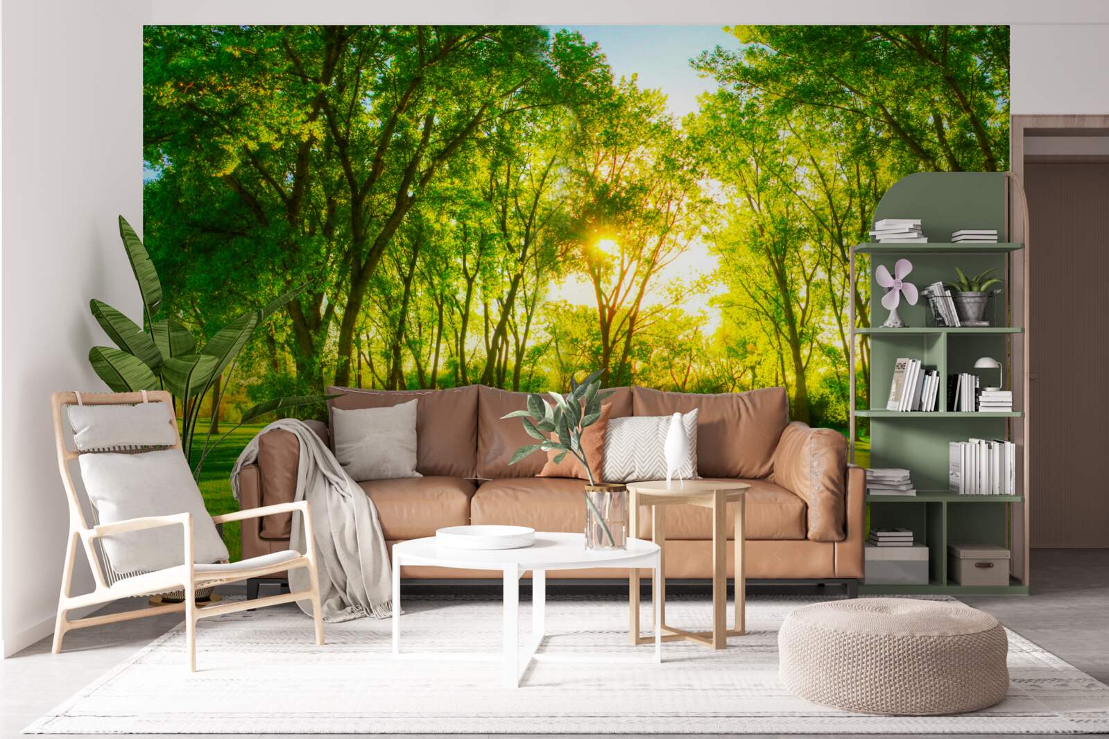 Фотошпалери у яскравій палітрі зеленого ранкового лісу