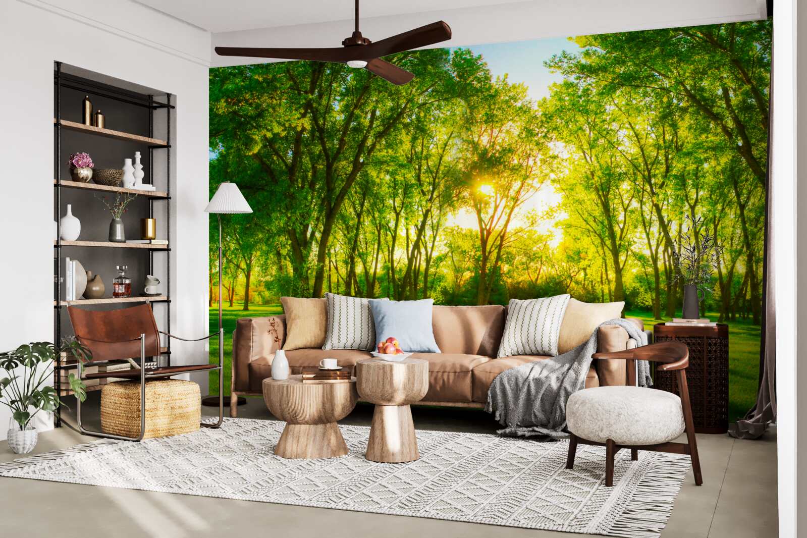 Фотошпалери у яскравій палітрі зеленого ранкового лісу