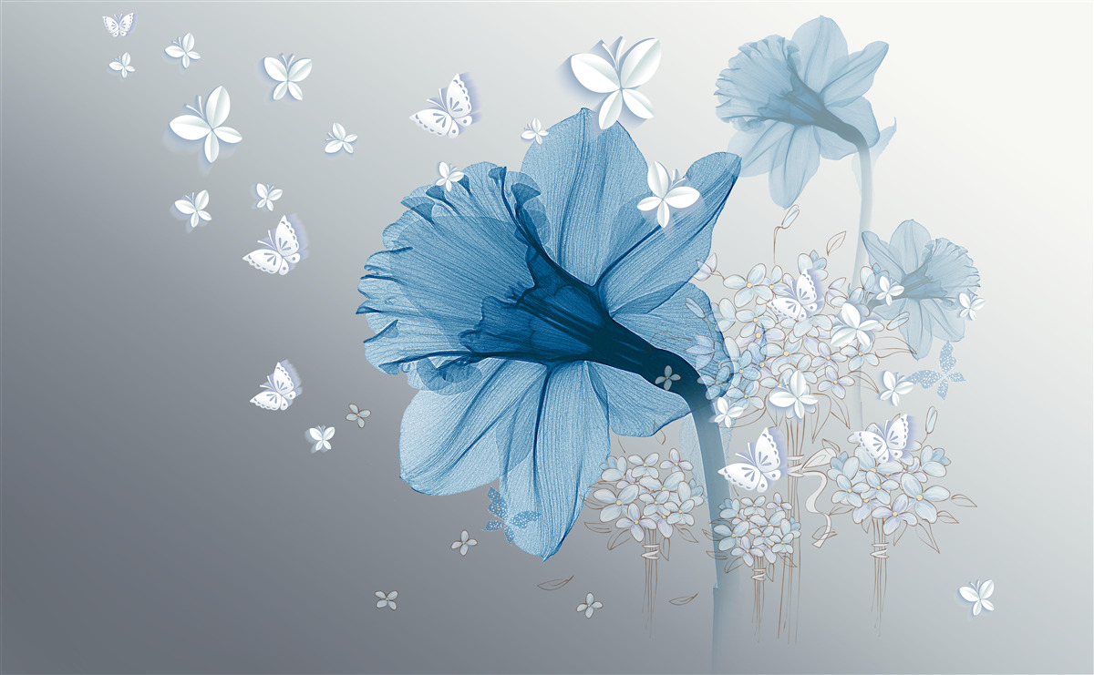 Фотошпалери блакитні квіти оточені білими метеликами
