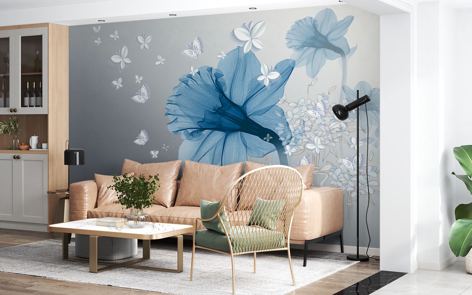 Фотошпалери блакитні квіти оточені білими метеликами