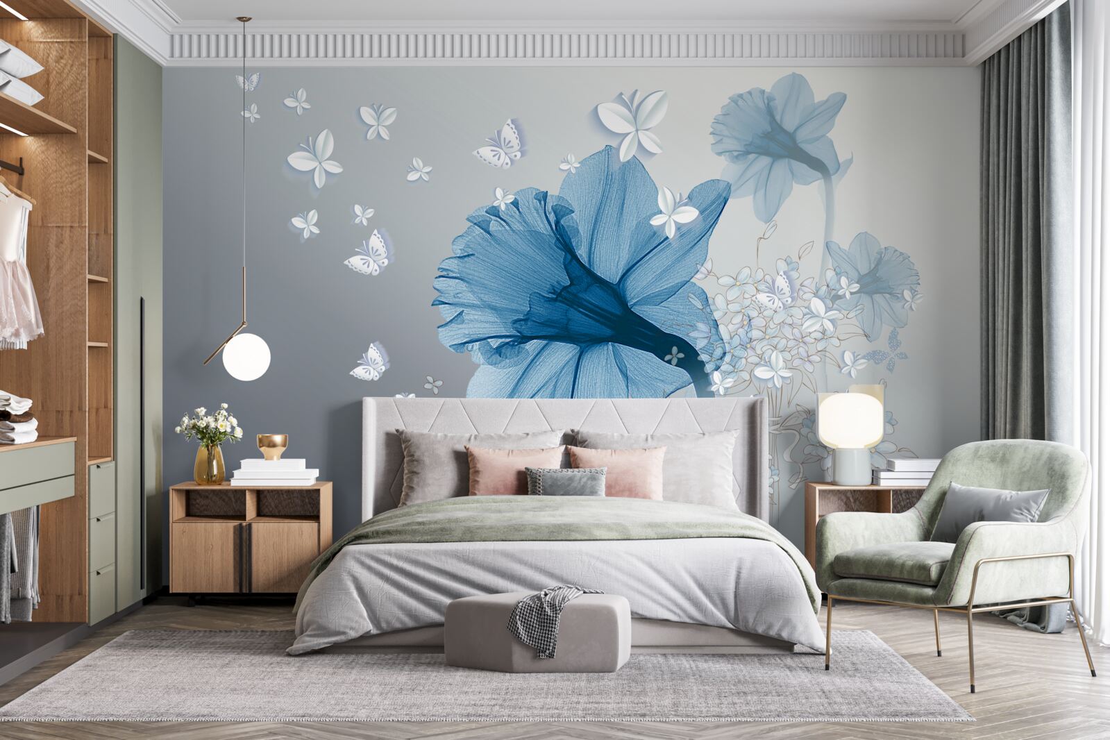 Фотошпалери блакитні квіти оточені білими метеликами