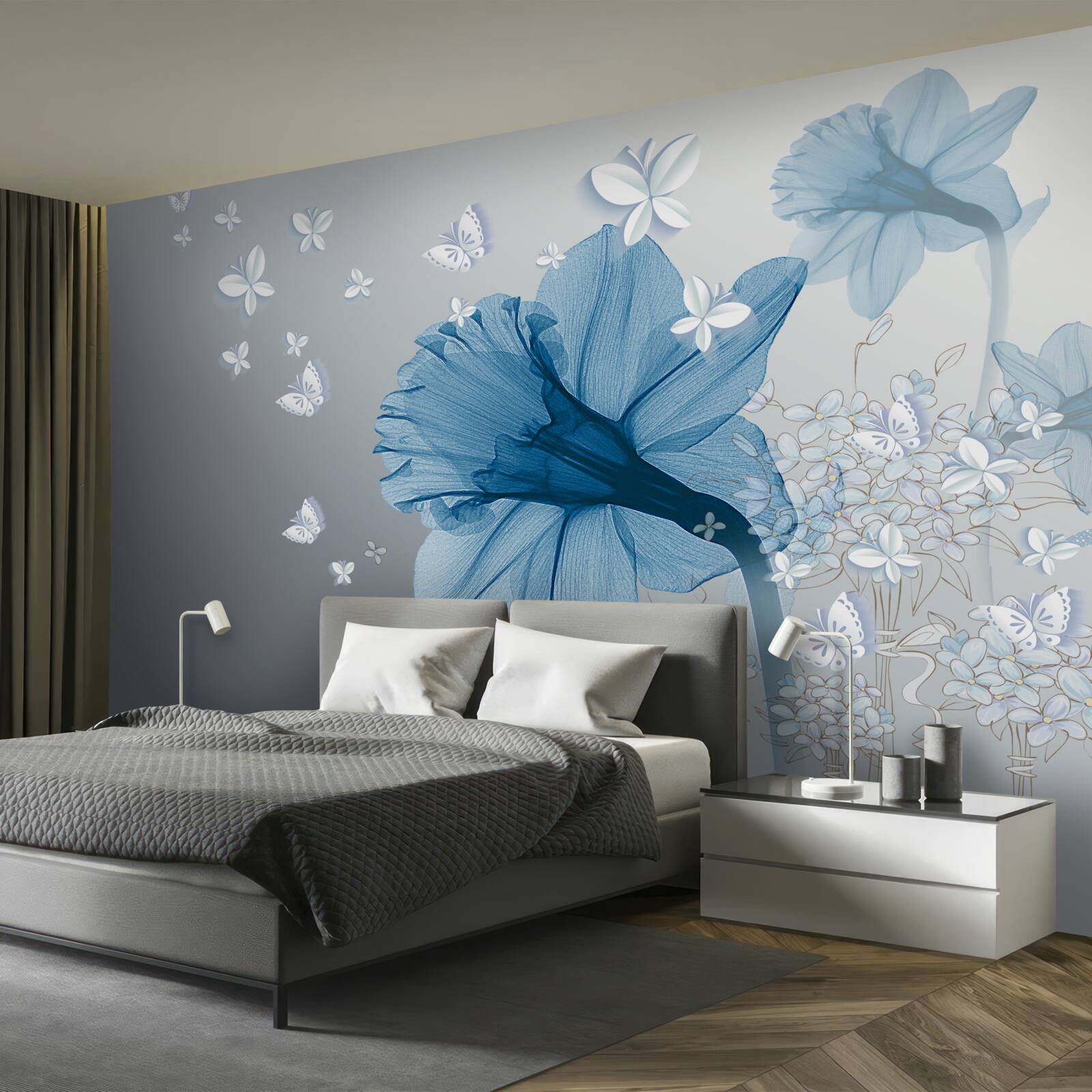 Фотошпалери блакитні квіти оточені білими метеликами