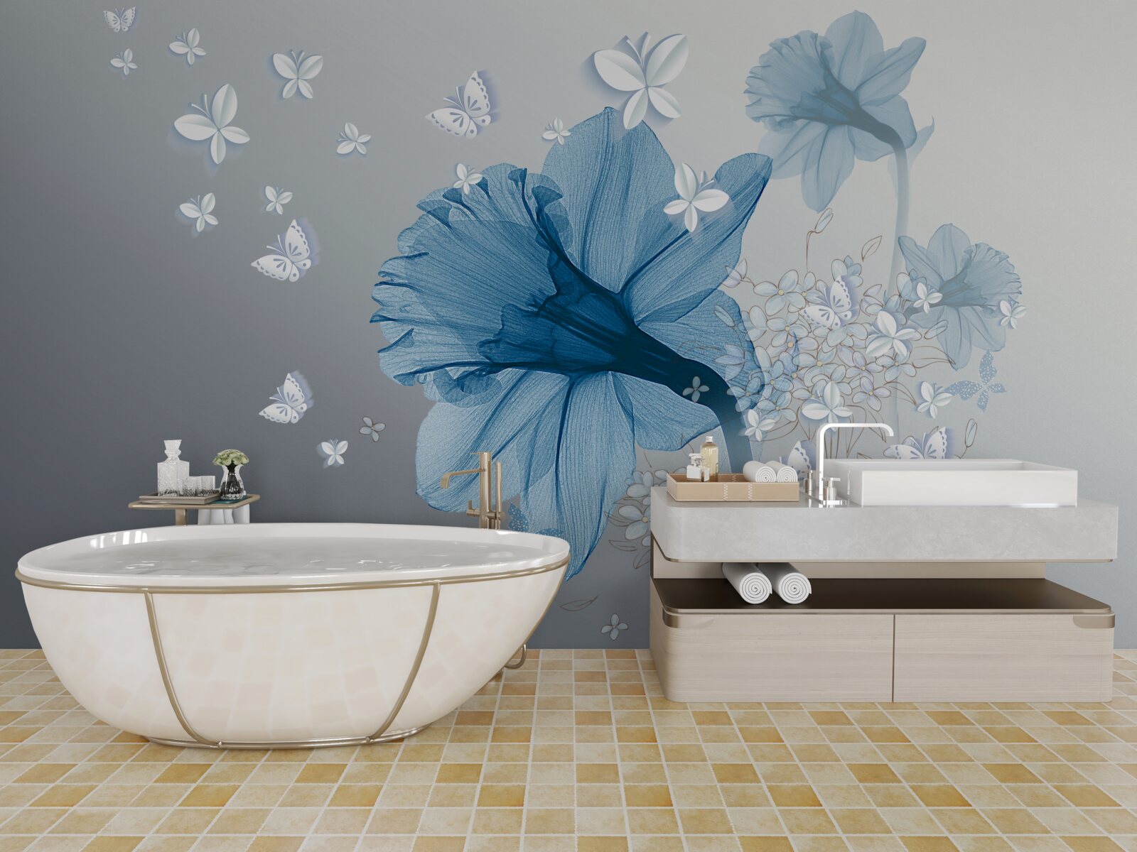 Фотошпалери блакитні квіти оточені білими метеликами