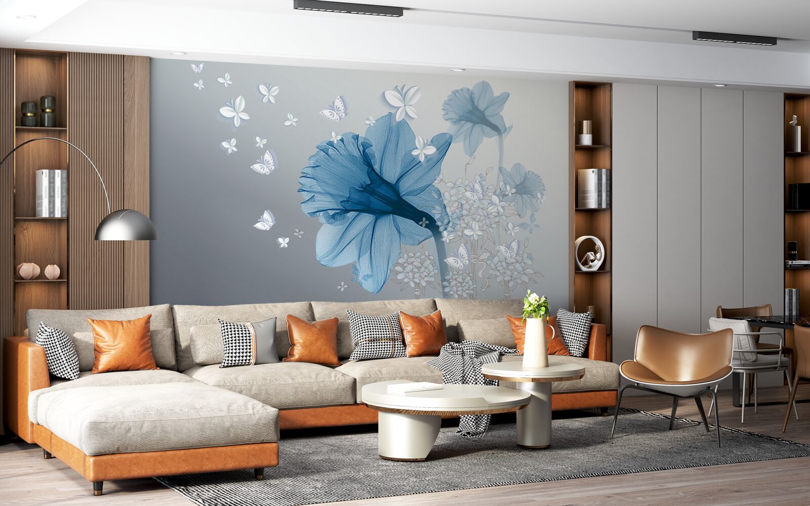 Фотошпалери блакитні квіти оточені білими метеликами