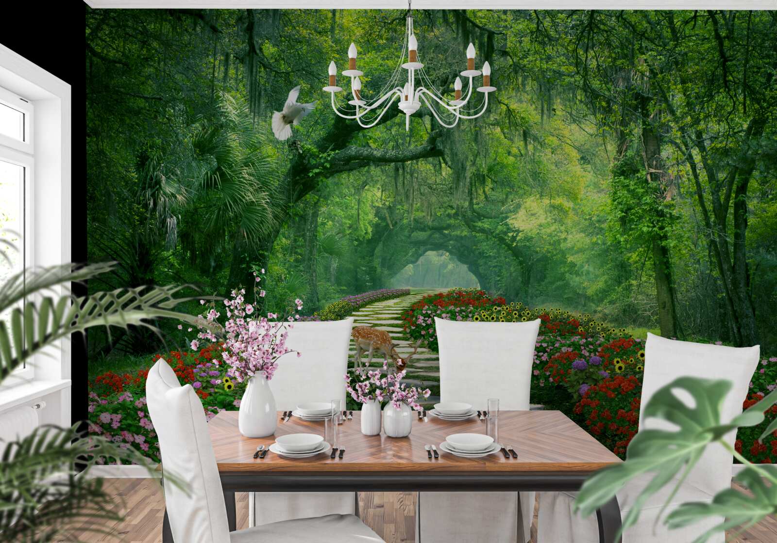 Фотошпалери барвиста тропічна стежка, всипана квітами через ліс