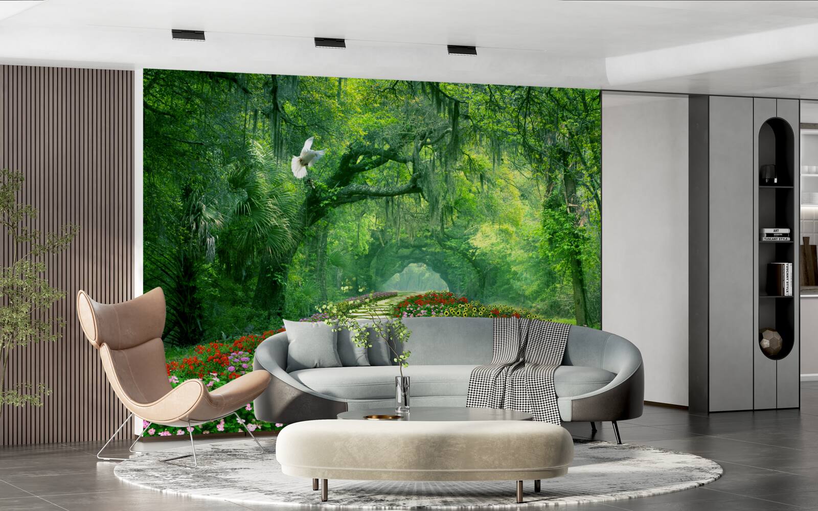 Фотошпалери барвиста тропічна стежка, всипана квітами через ліс