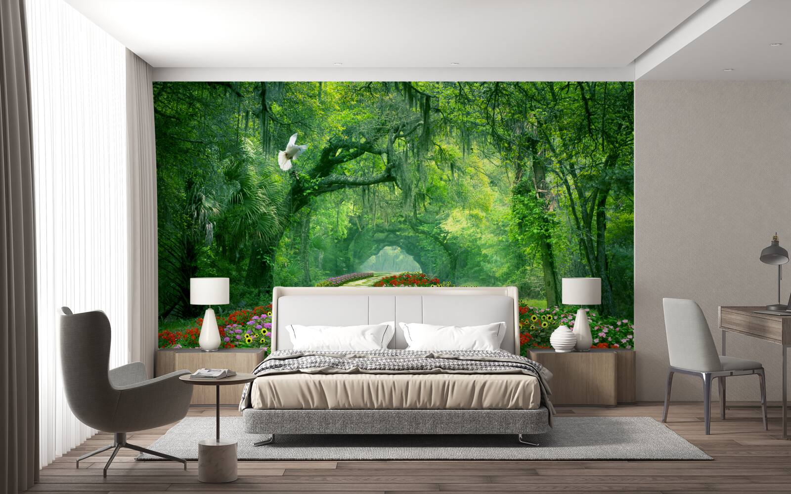 Фотошпалери барвиста тропічна стежка, всипана квітами через ліс