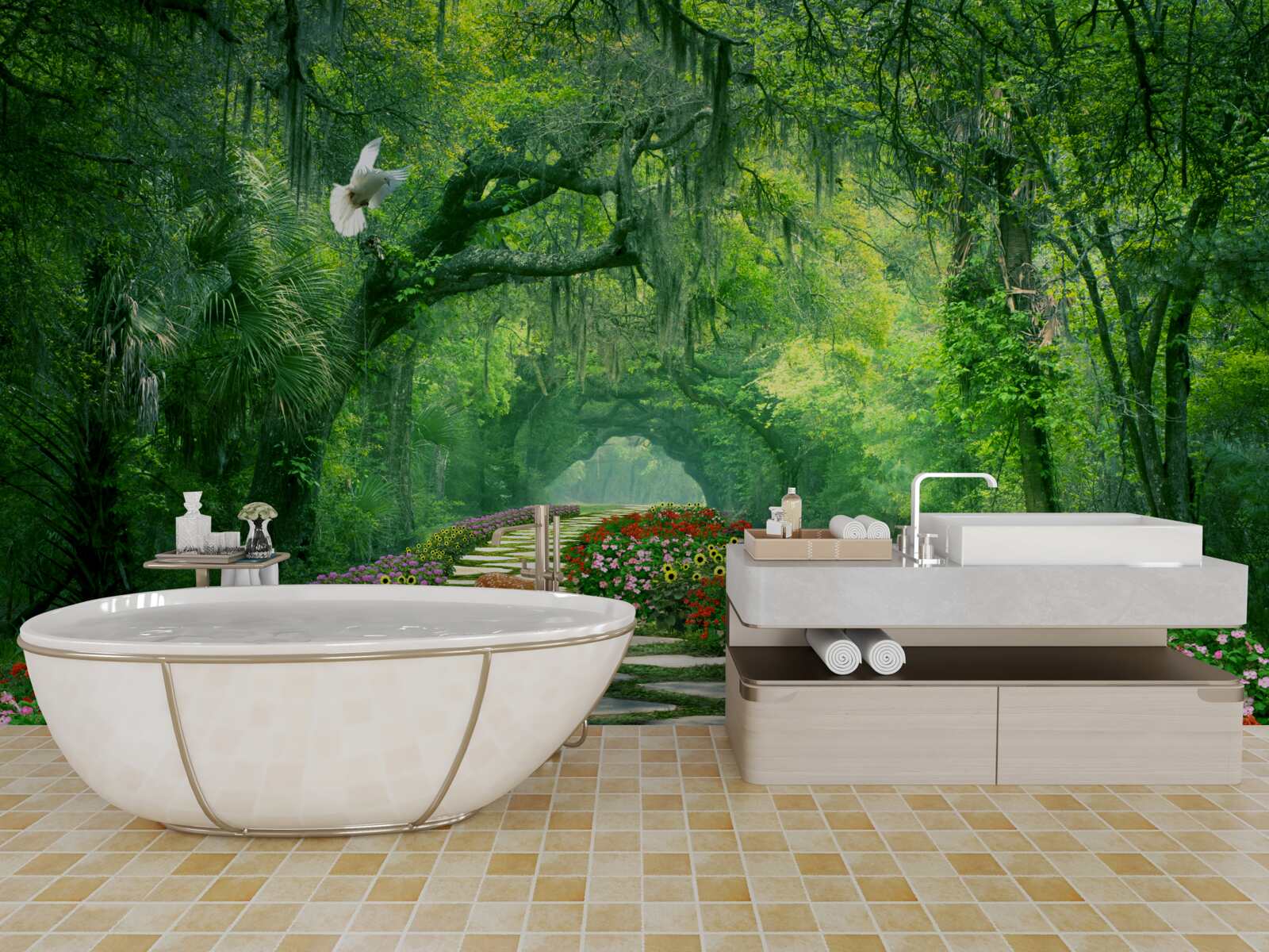 Фотошпалери барвиста тропічна стежка, всипана квітами через ліс