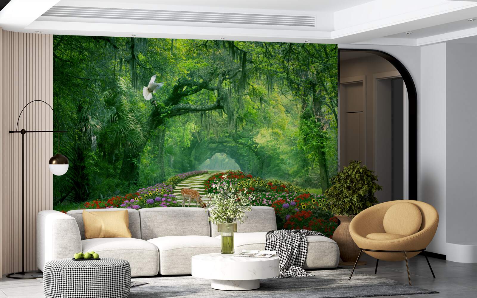 Фотошпалери барвиста тропічна стежка, всипана квітами через ліс