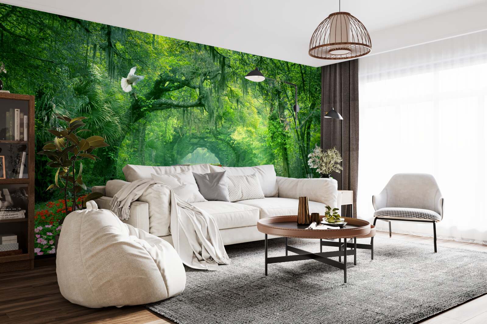 Фотошпалери барвиста тропічна стежка, всипана квітами через ліс