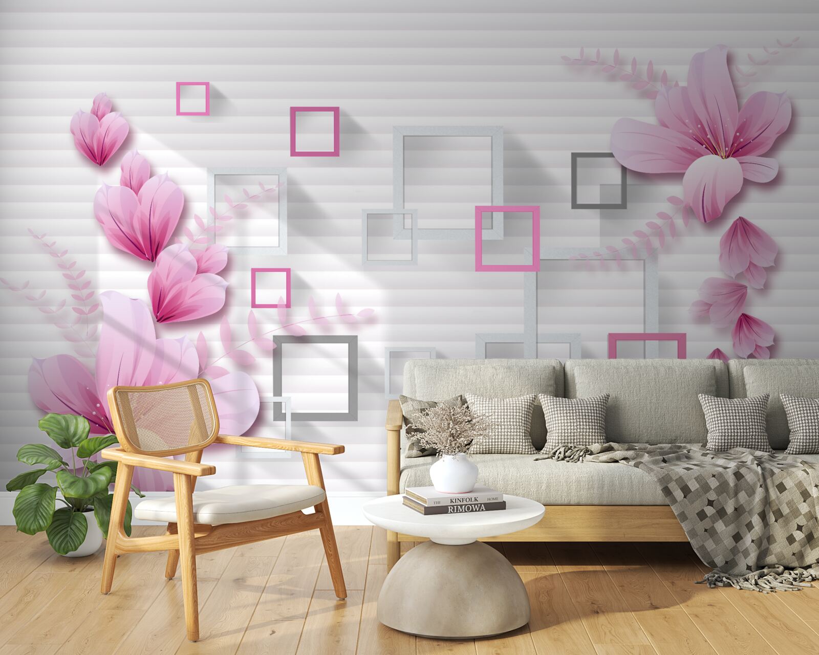 Фотошпалери квадрати і бузкові квіти на білосніжній цеглі