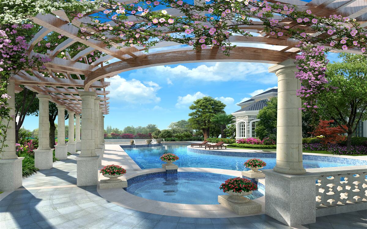 Фотошпалери басейн з лукою біля будинку