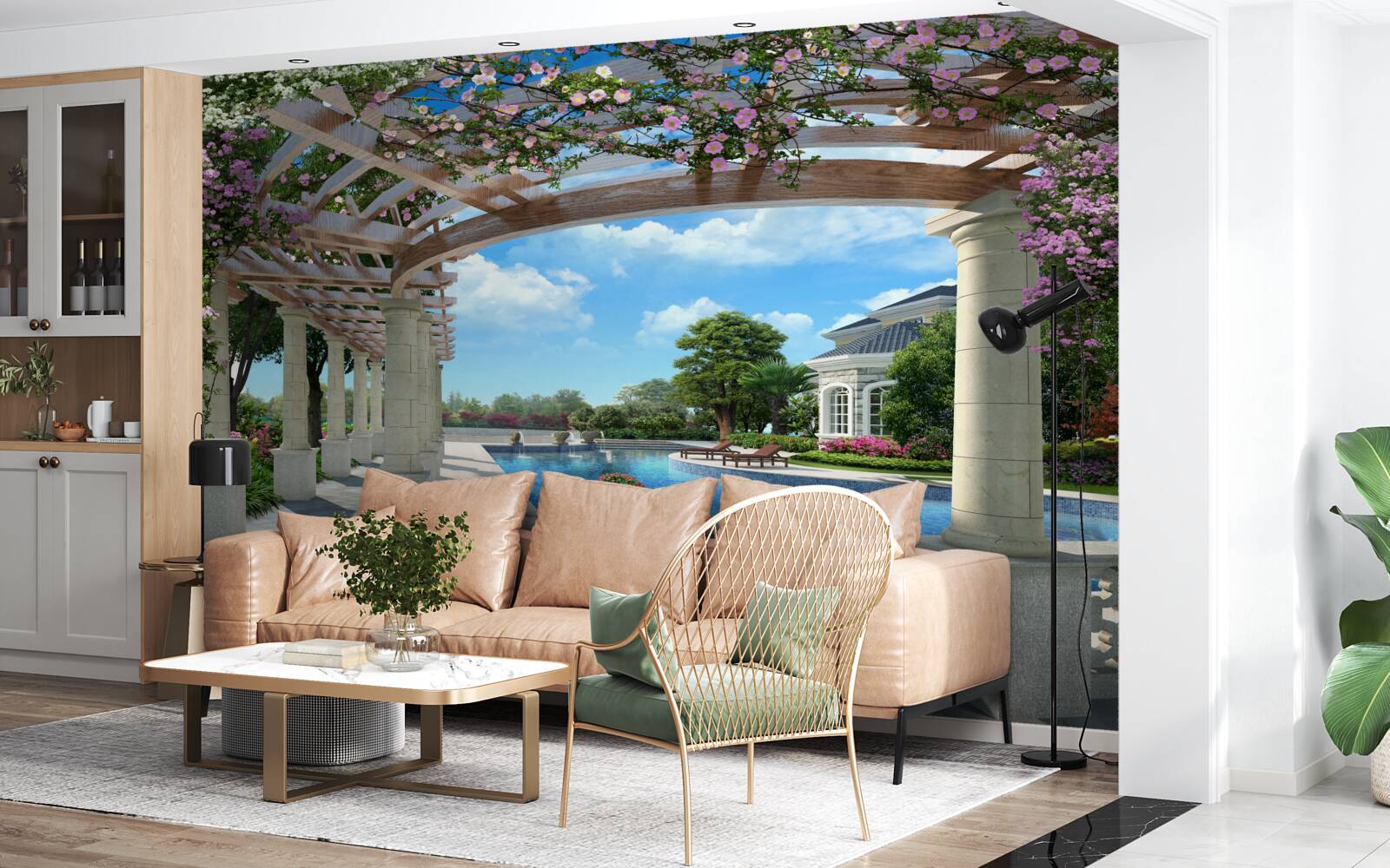 Фотошпалери басейн з лукою біля будинку