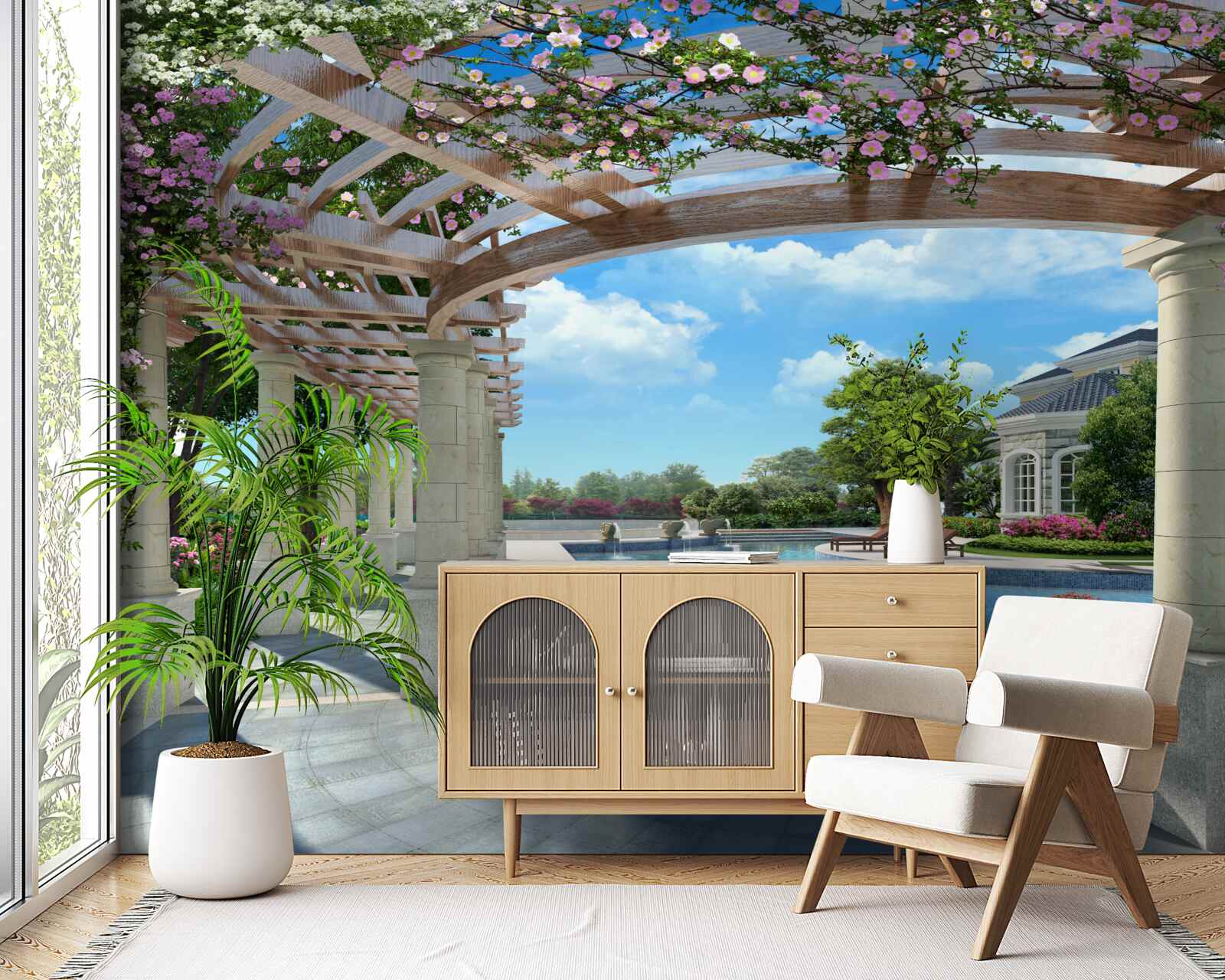 Фотошпалери басейн з лукою біля будинку