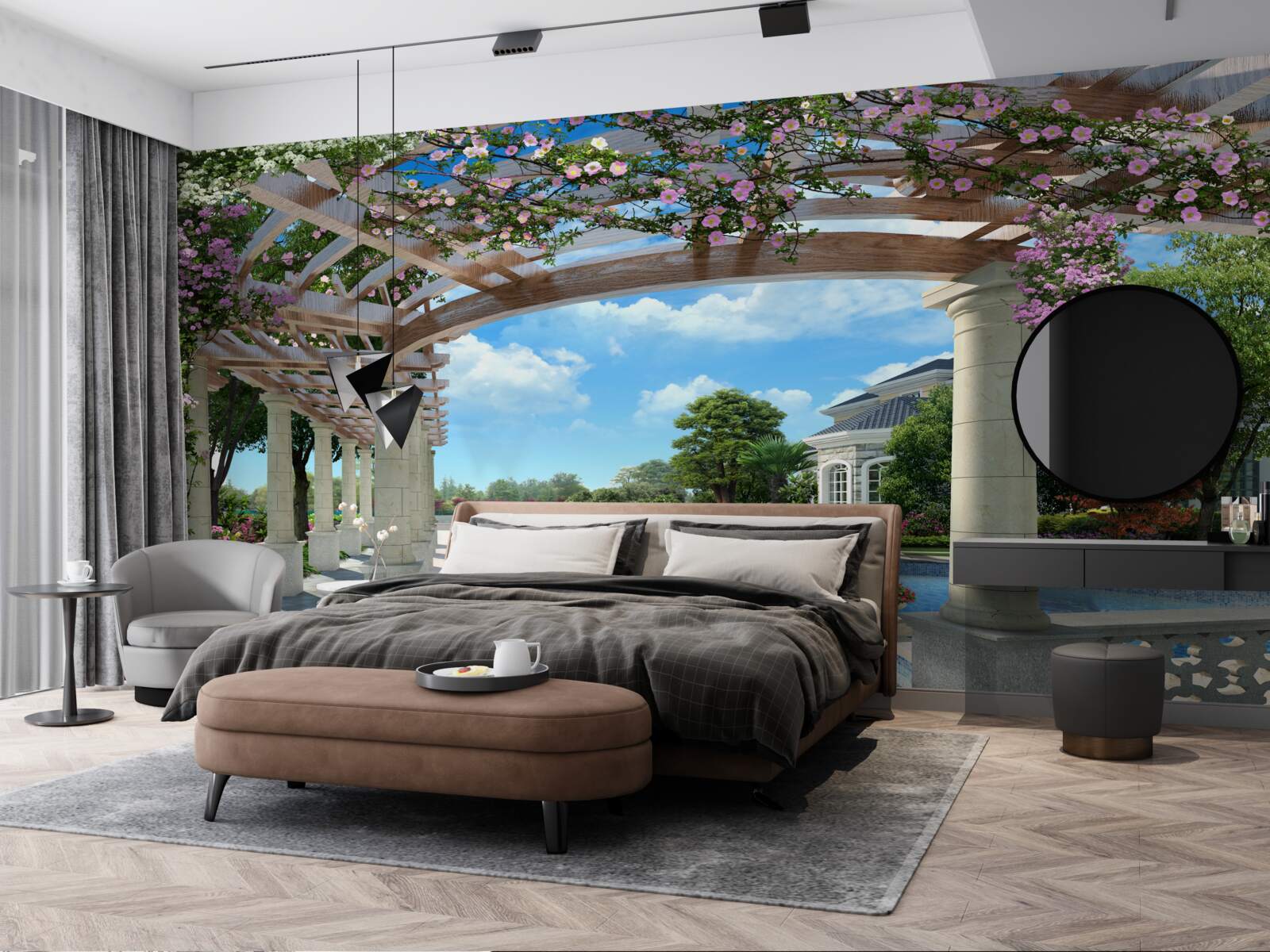 Фотошпалери басейн з лукою біля будинку