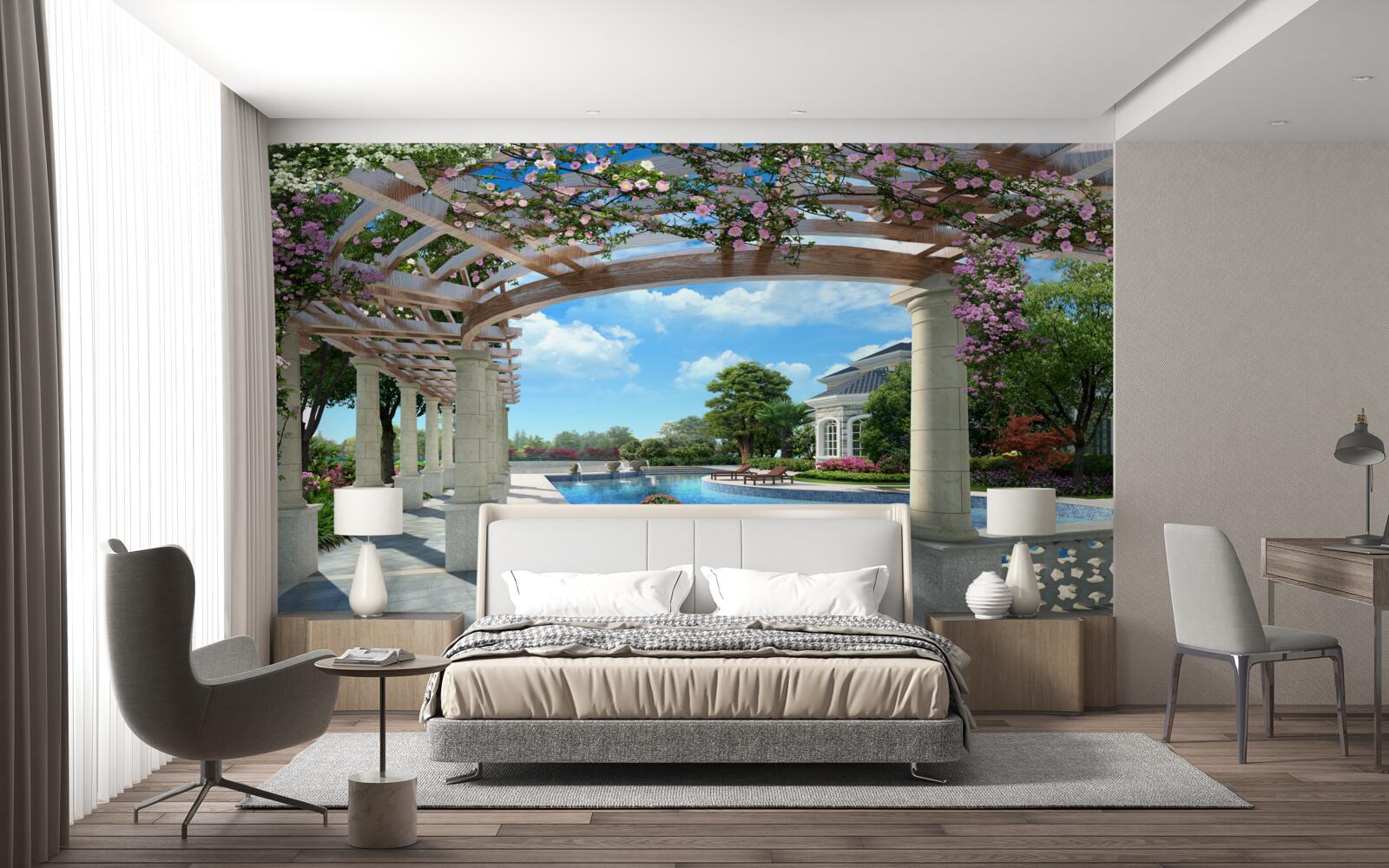 Фотошпалери басейн з лукою біля будинку