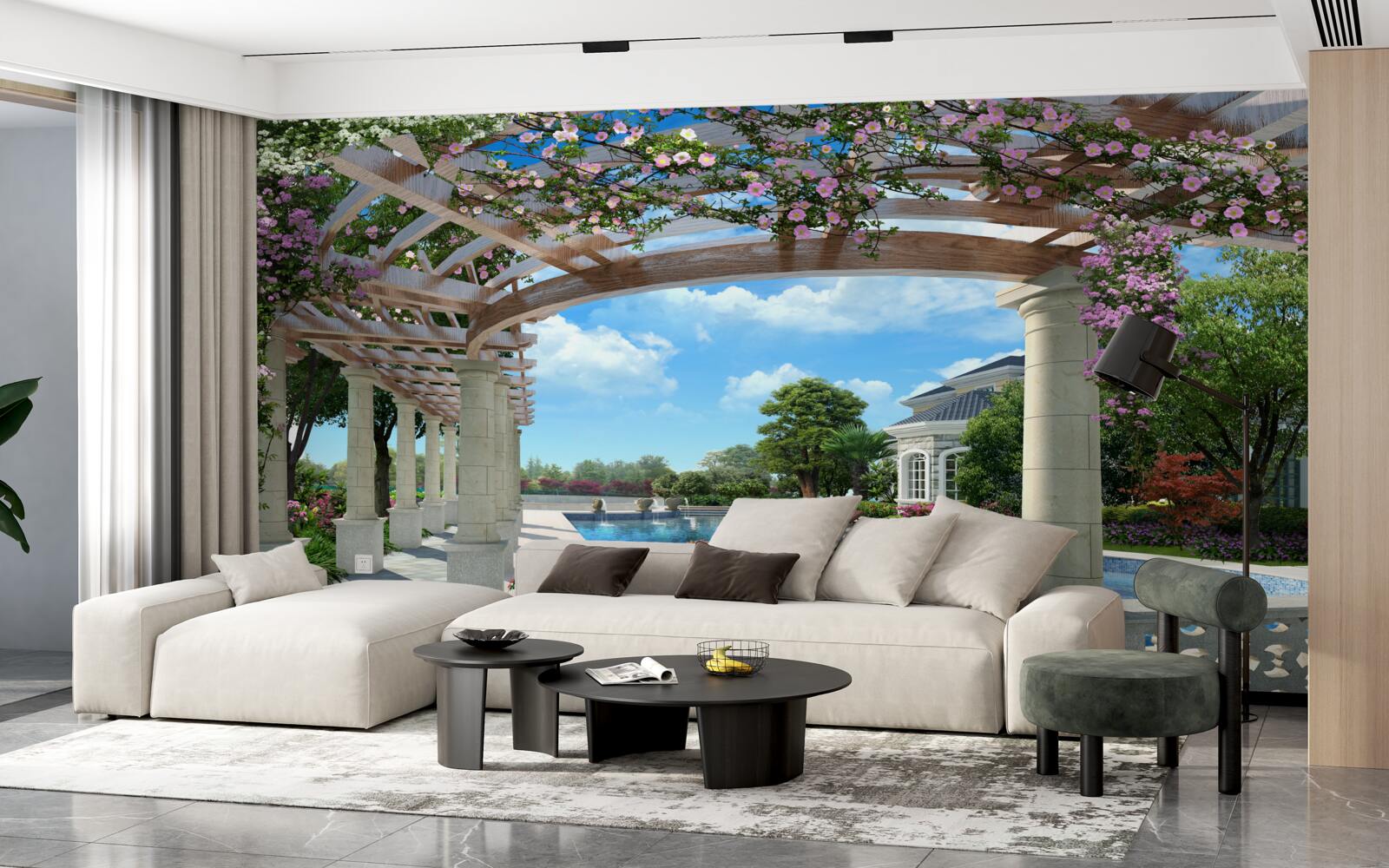 Фотошпалери басейн з лукою біля будинку