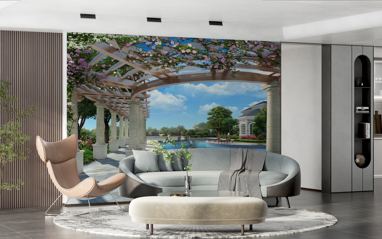 Фотошпалери басейн з лукою біля будинку