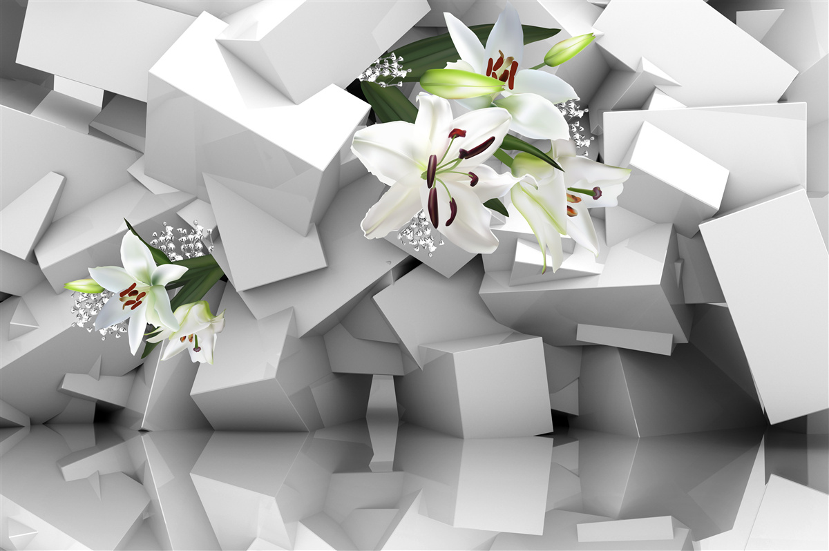 Фотошпалери геометричне тло, прикрашене білими бутонами лілій