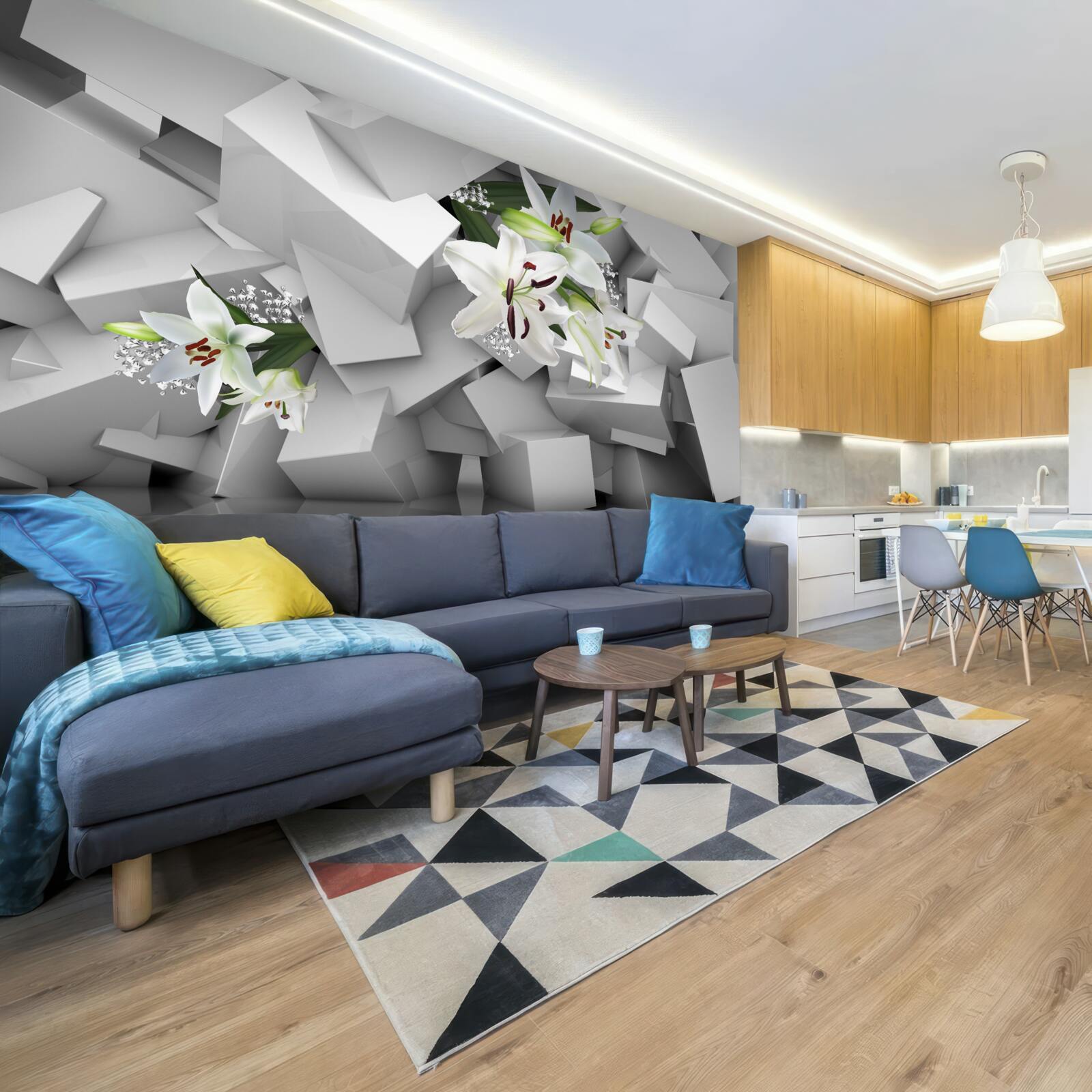 Фотошпалери геометричне тло, прикрашене білими бутонами лілій