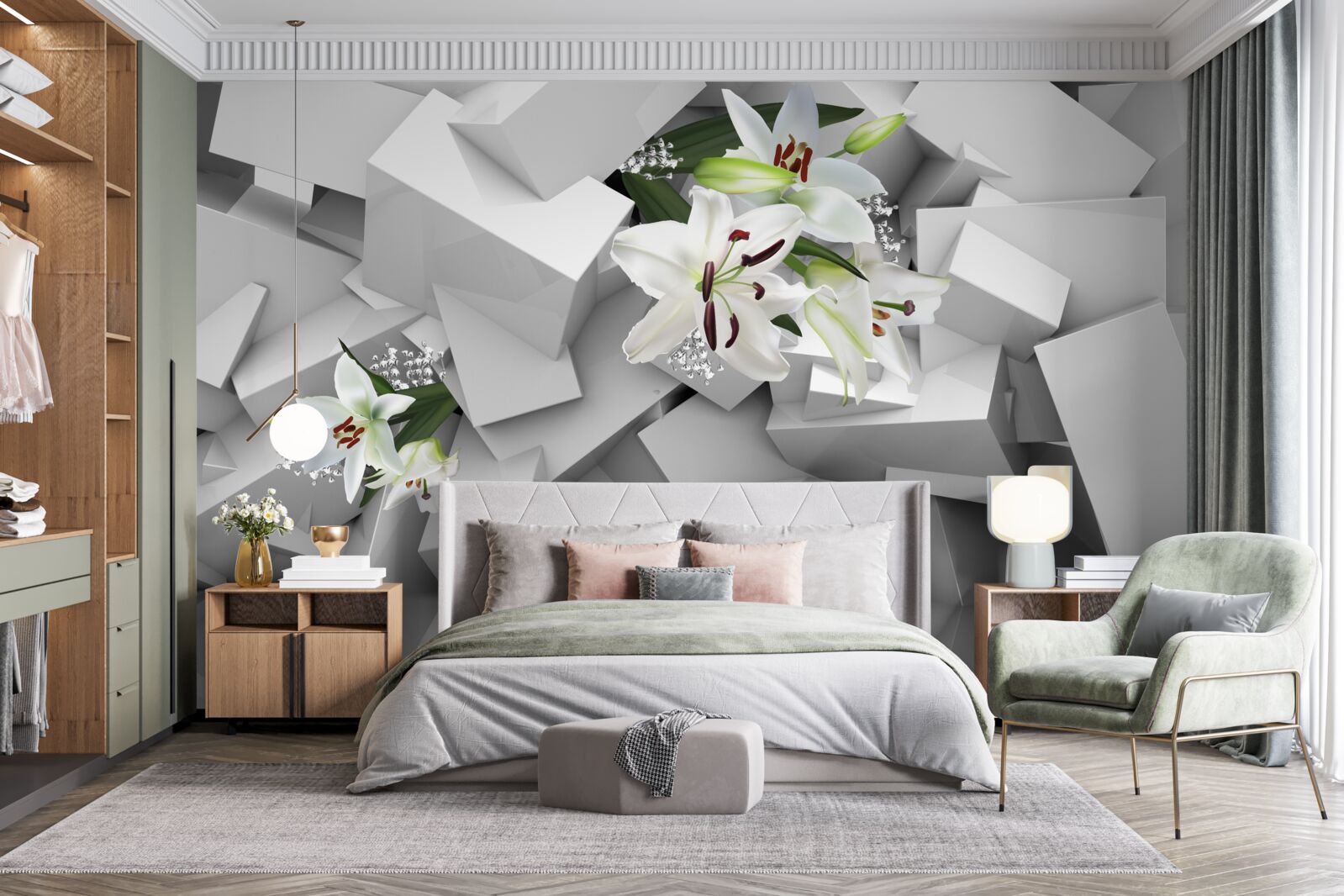 Фотошпалери геометричне тло, прикрашене білими бутонами лілій
